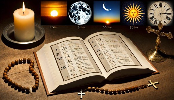 Imagen de la liturgia de las horas con un breviario abierto sobre una mesa de madera, rodeado de símbolos de los distintos momentos del día: amanecer, mediodía, atardecer y noche estrellada, con un rosario y una vela encendida, reflejando una atmósfera de paz y devoción