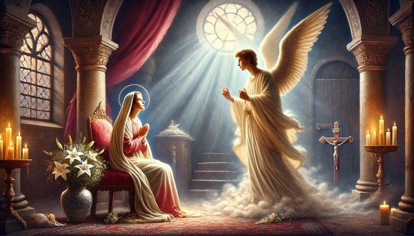 lustración de los Misterios Gozosos: la Anunciación, con el ángel Gabriel anunciando a la Virgen María, símbolo de humildad y fe