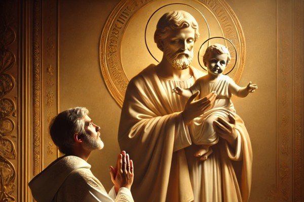 oracion-a-san-jose Oración a San José: persona rezando frente a la imagen de San José con el niño Jesús, en un ambiente de paz.