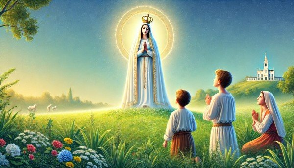 Virgen de Fátima apareciéndose a los tres pastorcitos, Lucía, Francisco y Jacinta, en un campo, bajo una luz celestial y un entorno natural