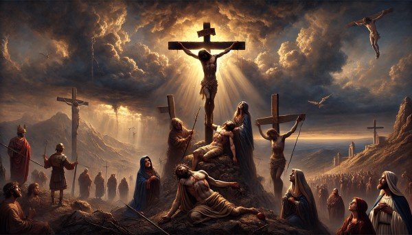 Quinto Misterio Doloroso, correspondiente a Santo Rosario Viernes: La Crucifixión y Muerte de Jesús, representada en el Calvario bajo un cielo dramático