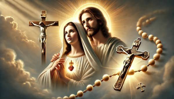 Misterios del Rosario: representación de Jesús y María en un entorno celestial, acompañados por un rosario resplandeciente y una cruz que simbolizan la devoción y la fe