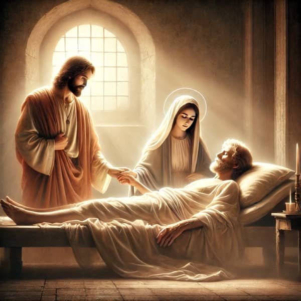 Alt-Text: “Oración a San José por una buena muerte: San José en su lecho de muerte, acompañado por Jesús y la Virgen María, en un acto de consuelo espiritual.”