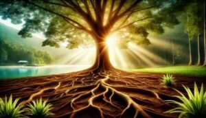 Ilustración de la cuarta semilla de esperanza: un árbol majestuoso con raíces profundas y visibles, rodeado por un paisaje natural tranquilo, con rayos de sol filtrándose suavemente, simbolizando la conexión con nuestras raíces, la fortaleza espiritual y la esperanza.