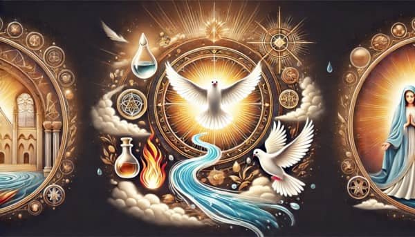 lustración de los misterios del Espíritu Santo con símbolos como aliento, viento, fuego, agua, aceite, una paloma, un sello, una nube y luz divina.
