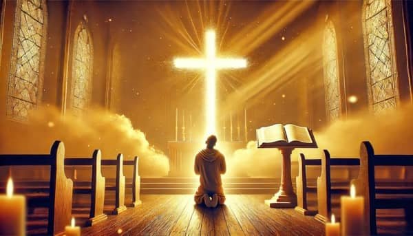 quinta-semilla-consagración Ilustración de la quinta semilla de esperanza: Persona arrodillada en oración ante una cruz luminosa, simbolizando la consagración y la entrega a Dios. La escena refleja esperanza y devoción, con un altar eucarístico y una Biblia abierta en el fondo