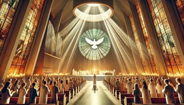 Semana de oración por la unidad de los cristianos en una iglesia ecuménica moderna, con personas en oración bajo un vitral del Espíritu Santo.