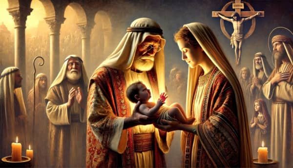 Cuarto domingo a San José: San José y María escuchan la profecía de Simeón en el templo. Su expresión mezcla preocupación y fe, mientras en el fondo se vislumbran símbolos de la cruz, anunciando el futuro sacrificio de Jesús