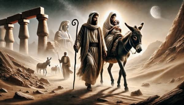 Quinto domingo a San José: Huida a Egipto. San José guía a María y al Niño Jesús a través del desierto bajo la luz de la luna. En el fondo, estatuas caídas simbolizan la derrota de los ídolos ante la presencia de Dios.