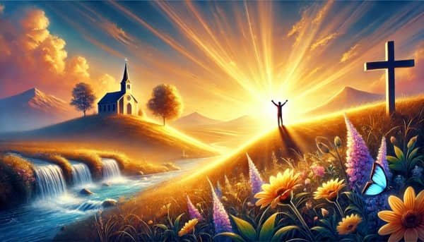 semilla-7 Alt-Text: Ilustración de la semilla 1 de esperanza, mostrando una escena espiritual de paz y gratitud, con una figura servicial en un paisaje sereno, reflejando la verdadera felicidad cristiana.