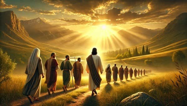semilla-9 Ilustración de la semilla 9 de esperanza: Jesús caminando con sus discípulos por un sendero iluminado, simbolizando el viaje del discipulado y la enseñanza divina.