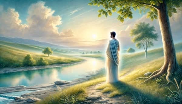 sexta-semilla Ilustración de la semilla 6 de esperanza, mostrando a una figura reflexionando en un paisaje natural, transmitiendo un mensaje de renuncia al ego y esperanza divina.