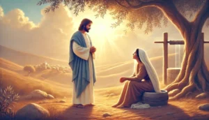 Ilustración de la semilla 12 de esperanza. Jesús conversa con la mujer samaritana en el pozo, en un momento de revelación espiritual y esperanza.