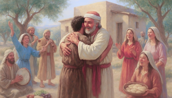 Semilla-13-1 Ilustración de la semilla 13 de esperanza. El padre misericordioso abraza con gozo a su hijo, en una escena de celebración y comunidad inspirada en el Evangelio.