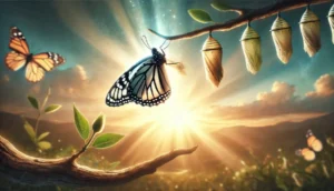Ilustración de la semilla 11 de esperanza. Una mariposa emerge de su crisálida en un ambiente luminoso, simbolizando la transformación espiritual.