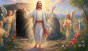 Ilustración de la semilla 16 de esperanza. Jesús resucitado emerge del sepulcro glorioso al amanecer, rodeado de luz, ángeles y naturaleza viva.