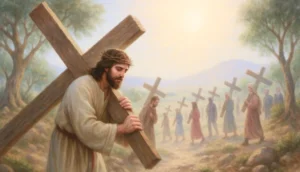 Ilustración de la semilla 15 de esperanza. Jesús cargando la cruz en medio de luz dorada, acompañado por figuras humanas que también cargan sus cruces.