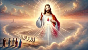 Ilustración de la semilla 17 de esperanza. Jesús de la Divina Misericordia con rayos rojo y blanco, acompañado de peregrinos de distintas culturas caminando hacia la luz de la esperanza.