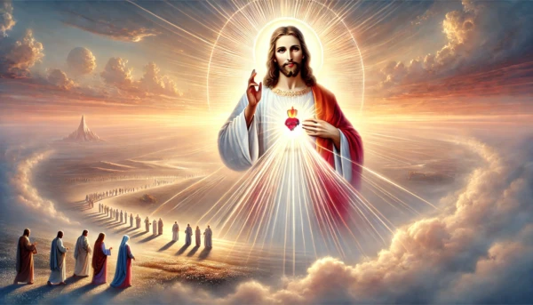 Semilla17-1 Ilustración de la semilla 17 de esperanza. Jesús de la Divina Misericordia con rayos rojo y blanco, acompañado de peregrinos de distintas culturas caminando hacia la luz de la esperanza.