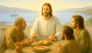 Ilustración de la semilla 18 de esperanza. Jesús resucitado ofrece pan a sus discípulos en una mesa junto al lago, bajo la luz clara del amanecer.