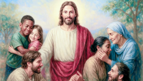 Ilustración de la semilla 19 de esperanza. Jesús al centro, rodeado de personas de diferentes edades y orígenes que se abrazan y cuidan unos a otros, con un estilo pictórico realista y luminoso.
