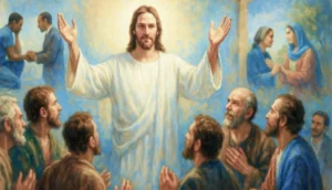 Ilustración de la semilla 20 de esperanza. Jesús resucitado aparece a sus discípulos, con los brazos extendidos en gesto de paz. En el fondo, se representan escenas contemporáneas de reconciliación y compasión, simbolizando la paz activa y relacional. Estilo pictórico cálido, realista y espiritual.