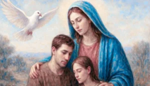 Ilustración de la semilla 22 de esperanza. Una mujer con expresión serena guía con ternura a dos personas mientras una paloma, símbolo del Espíritu Santo, sobrevuela suavemente la escena iluminada por una cálida luz espiritual.