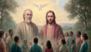 Ilustración de la semilla 23 de esperanza. Una familia de tres personas camina de la mano por un sendero al atardecer, iluminados por una luz dorada que desciende de una nube con la silueta de la Trinidad, reflejando la interconexión divina.