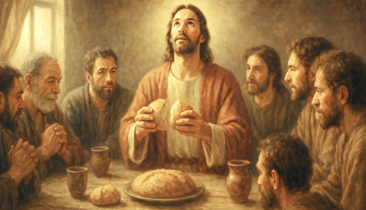 Ilustración de la semilla 24 de esperanza. Jesús parte el pan en la Última Cena, rodeado de sus discípulos, en una escena cálida y luminosa que transmite paz y espiritualidad.