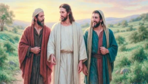 Ilustración de la semilla 25 de esperanza. Jesús camina junto a dos discípulos en el camino a Emaús, compartiendo su presencia y renovando su esperanza.