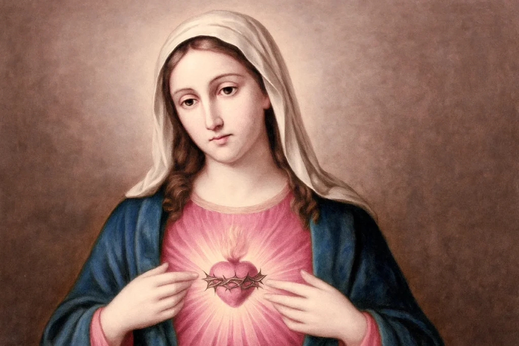Representación del Inmaculado Corazón de María, mostrando a la Virgen con un manto azul y velo blanco, señalando su corazón radiante rodeado de una corona de espinas y con una llama en la parte superior.