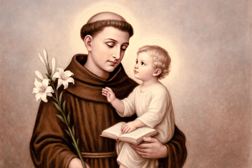 San Antonio de Padua sosteniendo al Niño Jesús, con un ramo de lirios en una mano y el Niño Jesús con un libro en la otra, ambos con aureolas, en una representación religiosa clásica.