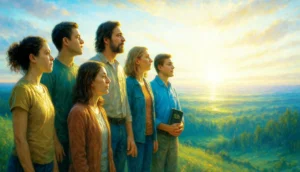 Ilustración de la semilla 27 de esperanza. Un grupo de personas mira hacia un horizonte celestial lleno de luz, símbolo de la vida eterna.