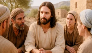 Ilustración de la semilla 28 de esperanza. Jesús escucha con atención y compasión a un grupo de personas en un paisaje bíblico al aire libre, rodeado de colinas y construcciones de piedra.