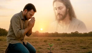 Ilustración de la semilla 31 de esperanza. Un hombre arrodillado en actitud de oración frente a un amanecer luminoso, junto a un pequeño brote verde que nace del suelo, simbolizando la humildad como semilla espiritual.