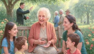 Ilustración de la semilla 32 de esperanza. Una mujer anciana sonríe mientras cuenta historias en un jardín lleno de luz, rodeada de niños y adultos, irradiando paz y sabiduría.