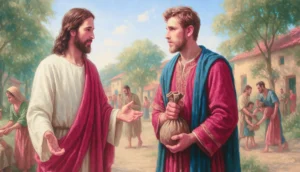 Ilustración de la semilla 34 de esperanza: Jesús conversa con un joven rico que sostiene una bolsa de dinero, mientras al fondo una comunidad humilde comparte con alegría, representando el llamado al desapego y la generosidad.