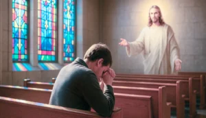 Ilustración de la semilla 35 de esperanza: un doliente en oración dentro de una capilla recibe consuelo en silencio, mientras la presencia luminosa del Cristo Resucitado irradia esperanza y nueva vida.