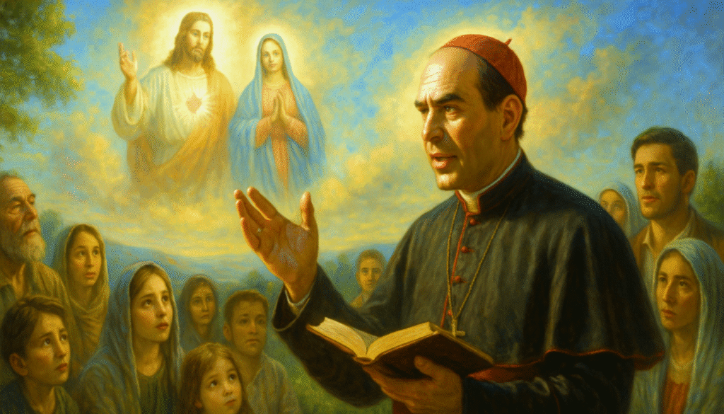 Ilustración de la semilla 39 de esperanza: san Antonio María Claret predica al aire libre ante un grupo de personas de distintas edades, con el rostro iluminado por la luz del atardecer; en el cielo, Jesús y María aparecen radiantes, bendiciendo la escena con colores vivos y cálidos que simbolizan el fuego del amor de Dios.