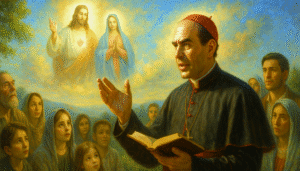 Ilustración de la semilla 39 de esperanza: san Antonio María Claret predica al aire libre ante un grupo de personas de distintas edades, con el rostro iluminado por la luz del atardecer; en el cielo, Jesús y María aparecen radiantes, bendiciendo la escena con colores vivos y cálidos que simbolizan el fuego del amor de Dios.