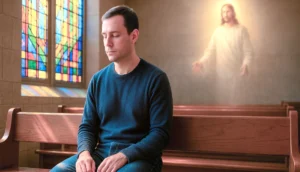 Ilustración de la semilla 36 de esperanza: una imagen fotorealista muestra a un hombre en silencio orando dentro de una capilla iluminada por vitrales de colores vivos, mientras Cristo aparece al fondo irradiando paz y serenidad.