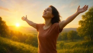 Ilustración de la semilla 37 de esperanza: una imagen fotorealista muestra a una mujer al amanecer, de pie en una colina con los brazos abiertos en señal de gratitud, mientras la luz dorada del sol la envuelve, simbolizando alegría, fe y esperanza.