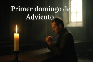 Ilustración del primer domingo de adviento 2025: una vela de Adviento encendida en una iglesia tenue, con una persona orando en silencio, simbolizando el inicio vigilante del Adviento.
