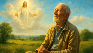 Ilustración de la semilla 40 de esperanza: un hombre mayor contempla el cielo al amanecer, sentado en un campo verde iluminado por luz dorada, mientras Jesús aparece entre las nubes con los brazos extendidos en gesto de amor y bendición, símbolo de la satisfacción plena en Dios.