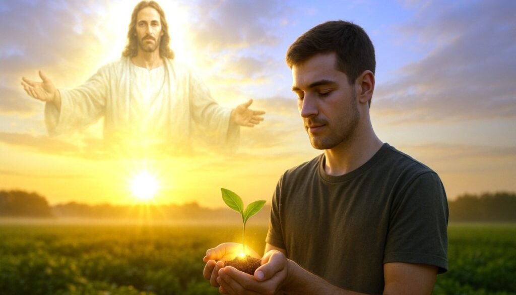 Ilustración de la semilla 41 de esperanza: un joven sostiene una planta luminosa al amanecer, mientras Jesús aparece en el cielo extendiendo sus brazos, rodeado de luz dorada, simbolizando que cada persona es semilla viva del amor y la esperanza de Dios.