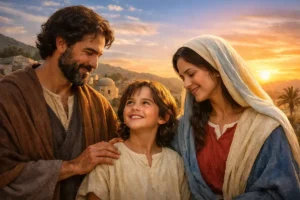 Sagrada Familia en Nazaret, José, María y el Niño Jesús juntos al atardecer, imagen que acompaña la homilía del domingo de la Sagrada Familia 2025.