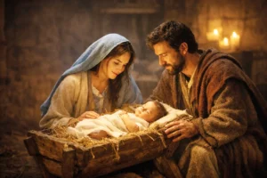 Nacimiento de Jesús: María y José contemplan al Niño Jesús en el pesebre, iluminados por una luz cálida que expresa amor, vida y esperanza en la Navidad.