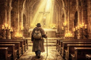 Indulgencias año jubilar 2025: peregrino camina hacia el altar en una iglesia católica antigua, iluminada por rayos dorados, velas encendidas y un crucifijo al fondo, ambiente de oración, perdón y reconciliación.”
