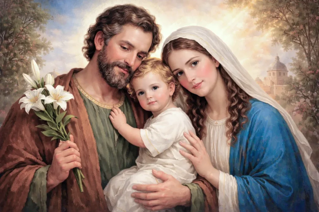 Letanías a San José – imagen de la Sagrada Familia con San José, la Virgen María y el Niño Jesús, en una escena luminosa y serena que representa a San José como esposo de María y protector de la familia cristiana.