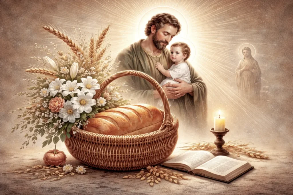 Canasto de San José representado en una ilustración espiritual, mostrando un canasto lleno de simbolismos como pan, flores y luz, con San José y el Niño Jesús al fondo, irradiando fe y esperanza.